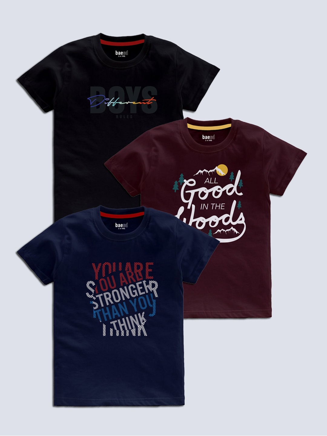 

BAESD Boys Pack Of 3 Typography Printed Cotton T-shirt, Navy blue