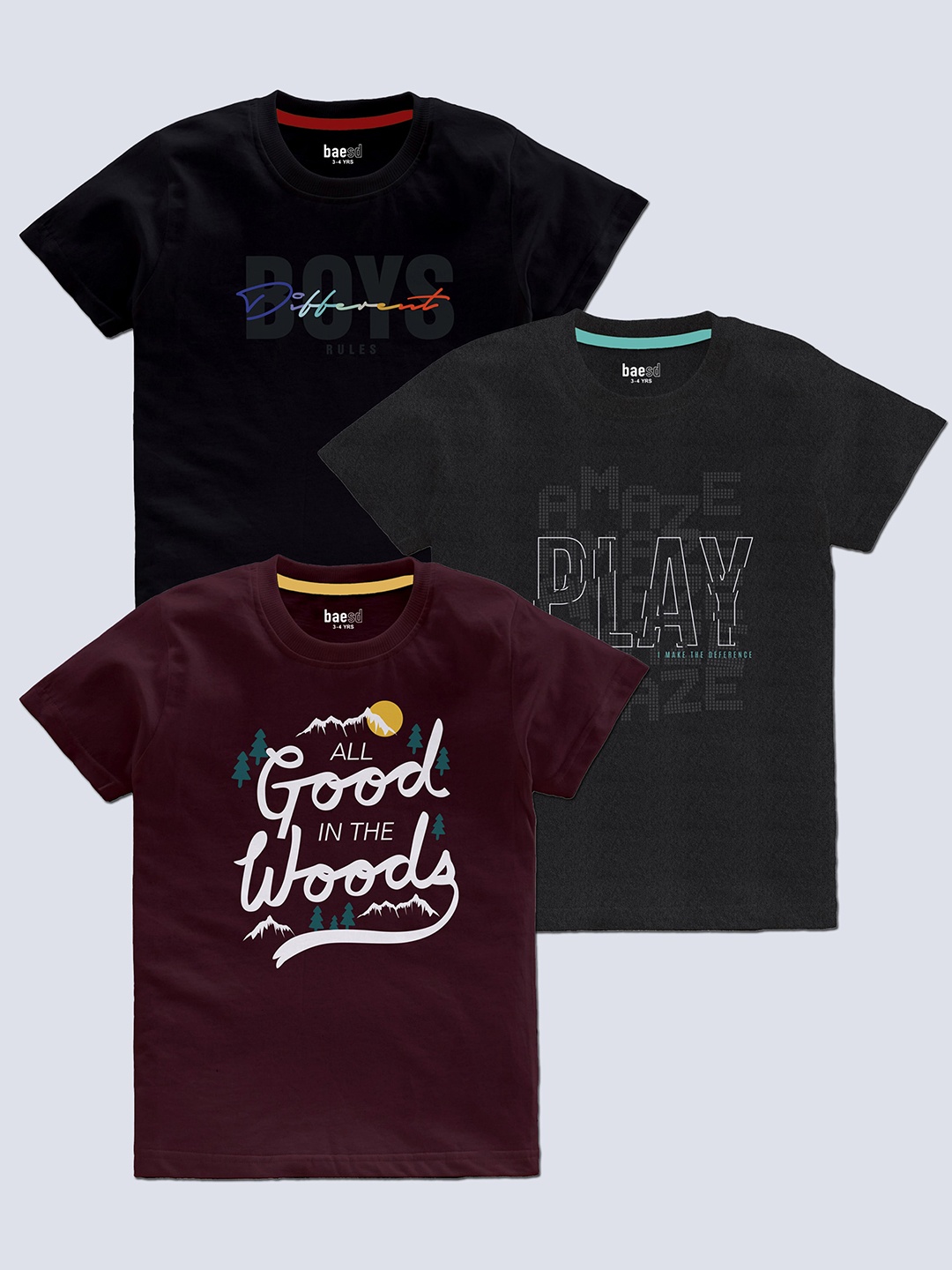 

BAESD Boys Pack Of 3 Typography Printed Cotton T-shirt, Black
