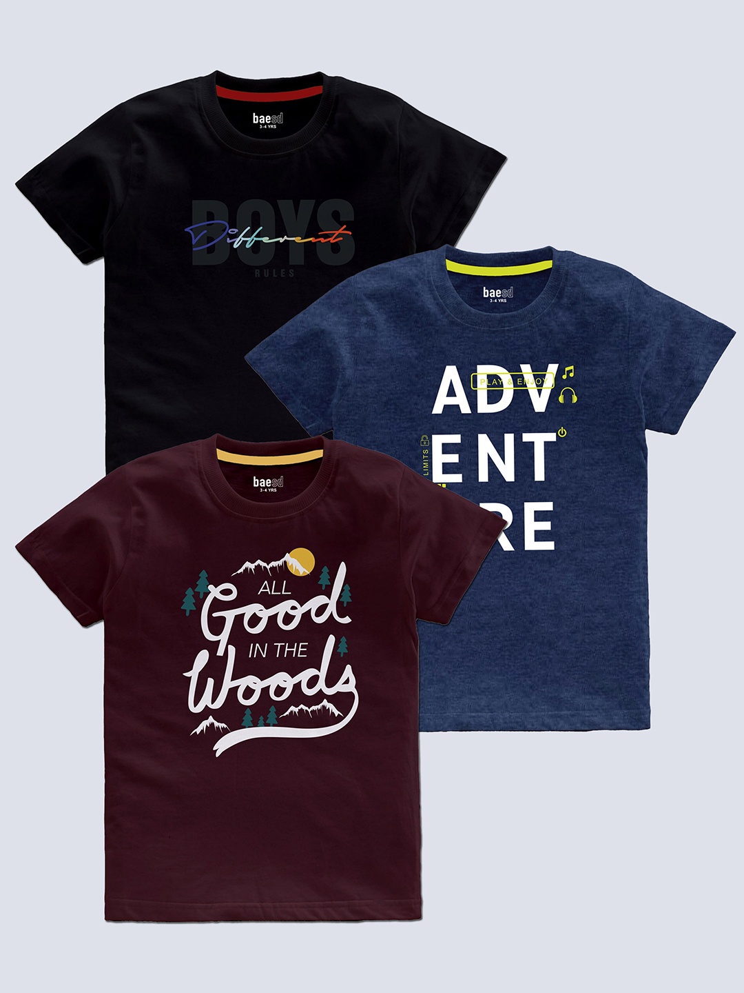 

BAESD Boys Pack Of 3 Typography Printed T-shirt, Black