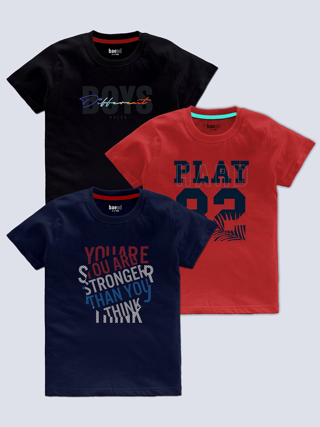 

BAESD Boys Pack Of 3 Typography Printed Cotton T-shirt, Blue