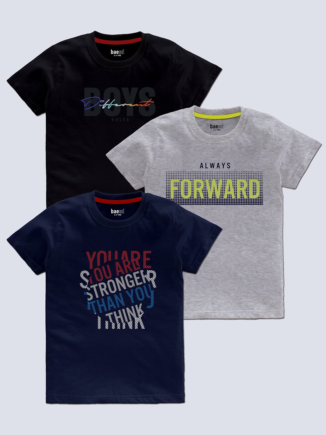 

BAESD Boys Pack Of 3 Typography Printed Cotton T-shirt, Blue
