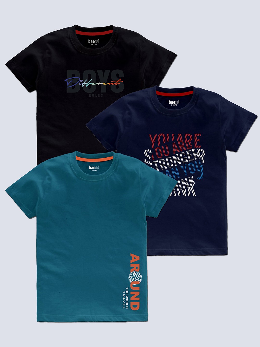 

BAESD Boys Pack Of 3 Typography Printed Cotton T-shirt, Teal