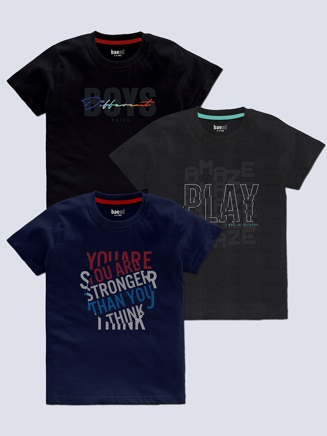 

BAESD Boys Pack Of 3 Typography Printed Cotton T-shirt, Navy blue