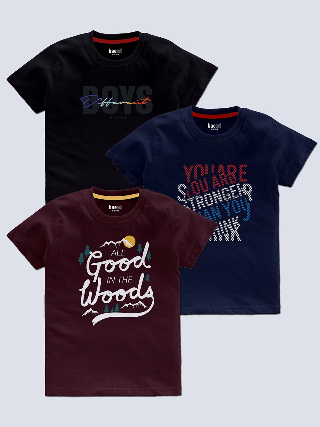 

BAESD Boys Pack Of 3 Typography Printed Cotton T-shirt, Brown