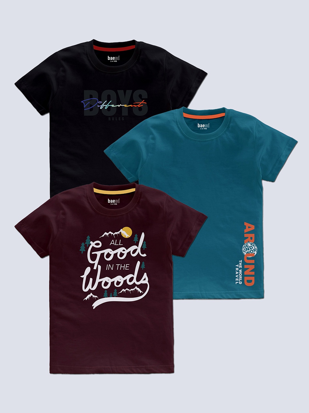 

BAESD Boys Pack Of 3 Typography Printed T-shirt, Black