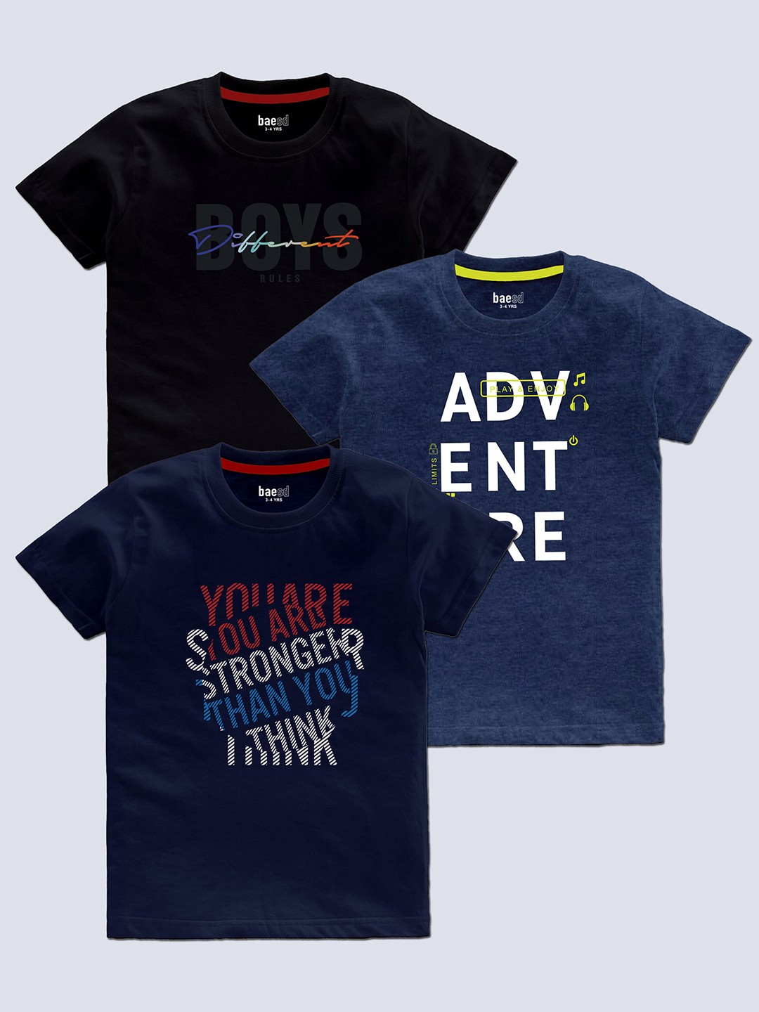 

BAESD Boys Pack Of 3 Typography Printed Cotton T-shirt, Navy blue