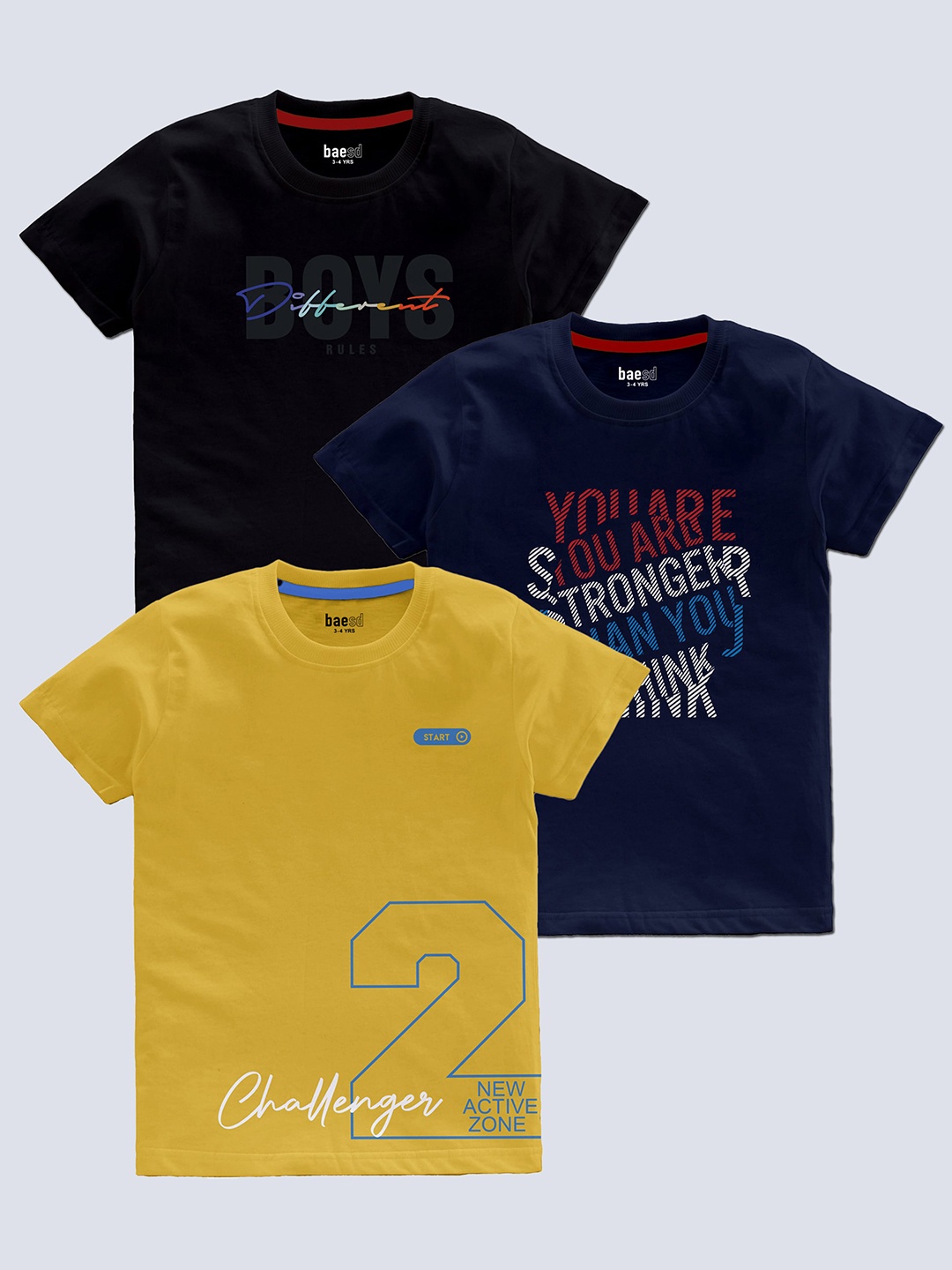 

BAESD Boys Pack Of 3 Typography Printed Cotton T-shirt, Yellow