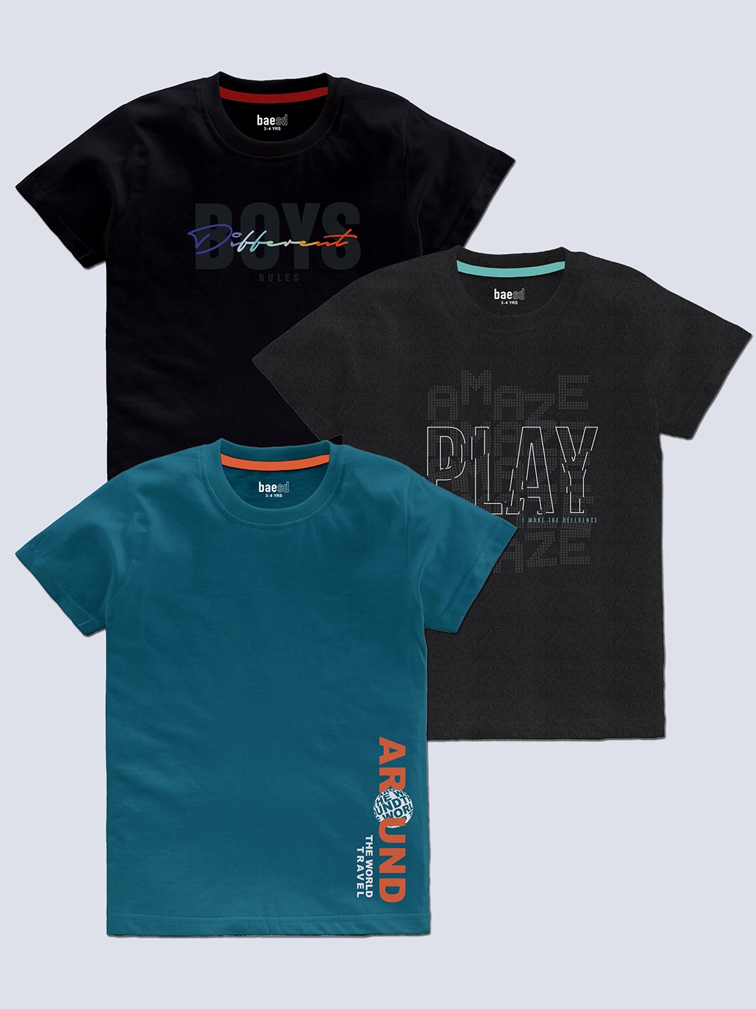 

BAESD Boys Pack Of 3 Typography Printed Cotton T-shirt, Teal