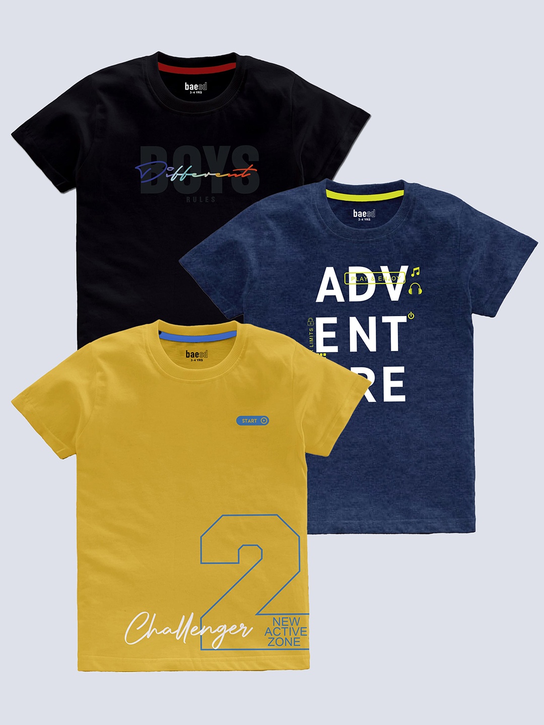 BAESD Boys Pack Of 3 Typography Printed Cotton T-shirt, Yellow