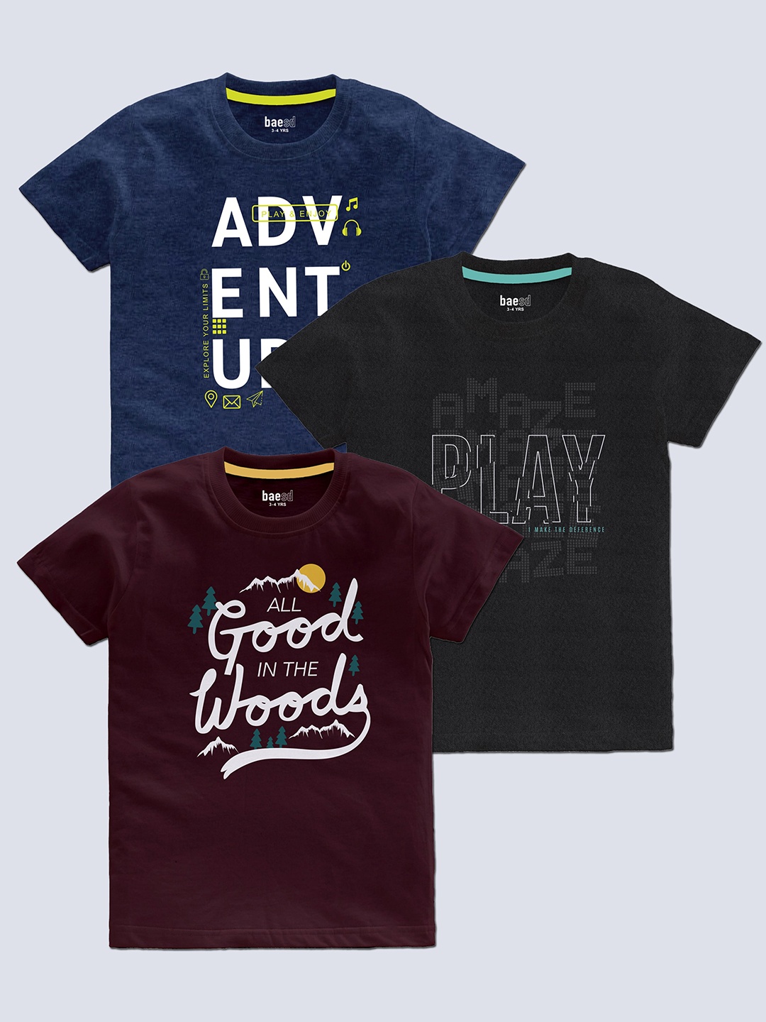 

BAESD Boys Pack Of 3 Typography Printed Cotton T-shirt, Brown