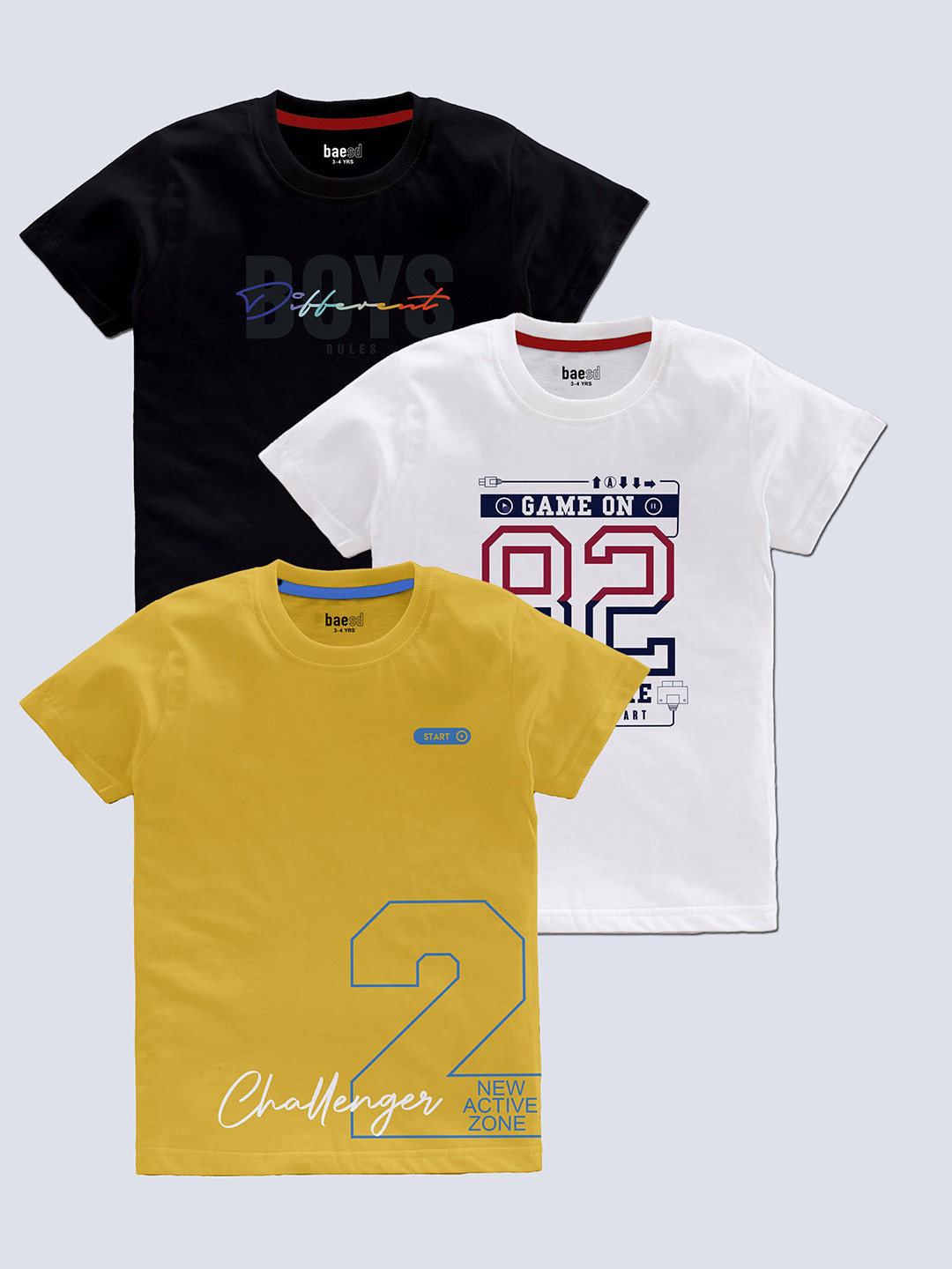 

BAESD Boys Pack Of 3 Typography Printed Cotton T-shirt, Yellow