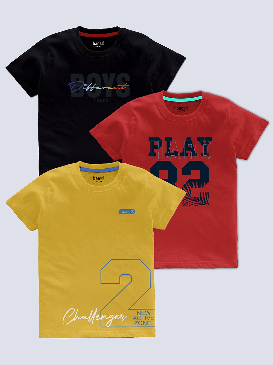 

BAESD Boys Pack Of 3 Typography Printed Cotton T-shirt, Yellow