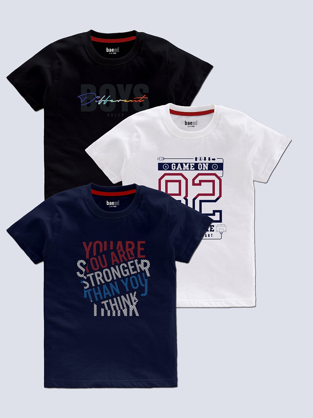 

BAESD Boys Pack Of 3 Typography Printed Cotton T-shirt, Blue
