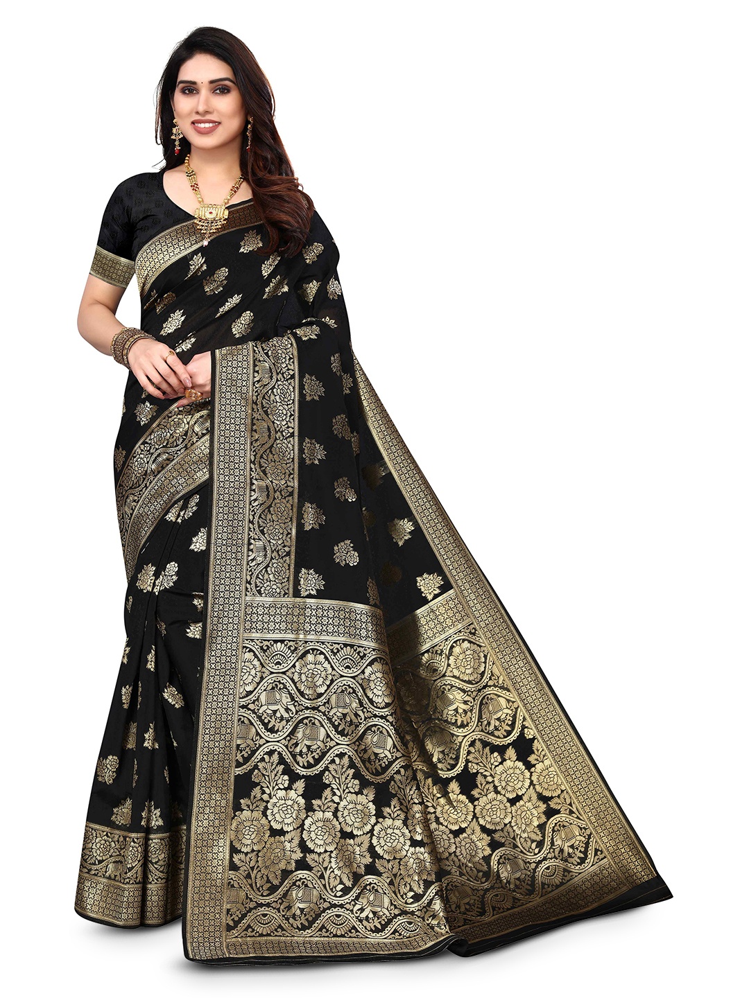 

KALINI Ethnic Motifs Woven Design Zari Kanjeevaram Saree, Black