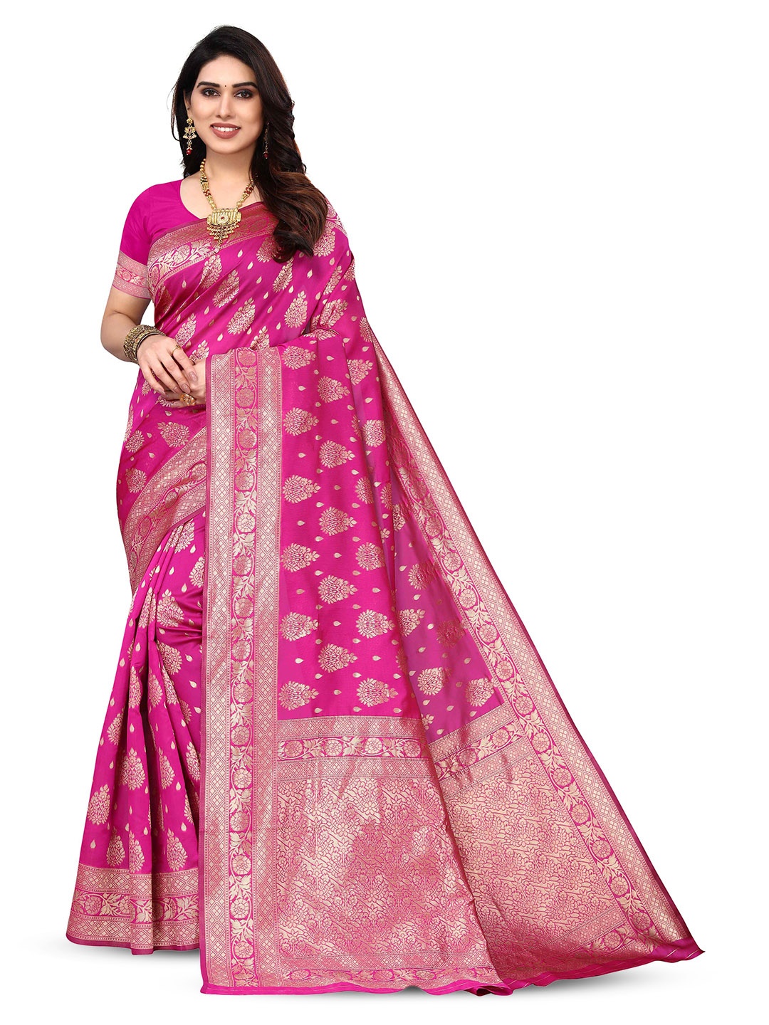 

KALINI Ethnic Motifs Woven Design Zari Kanjeevaram Saree, Pink
