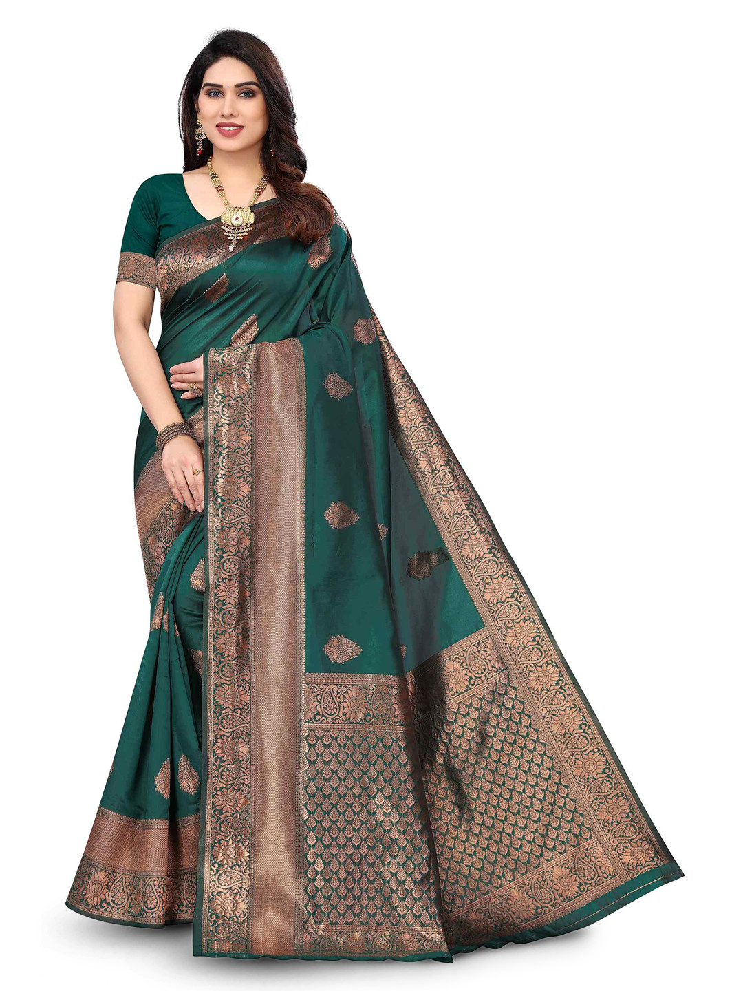 

KALINI Ethnic Motifs Woven Design Zari Kanjeevaram Saree, Green