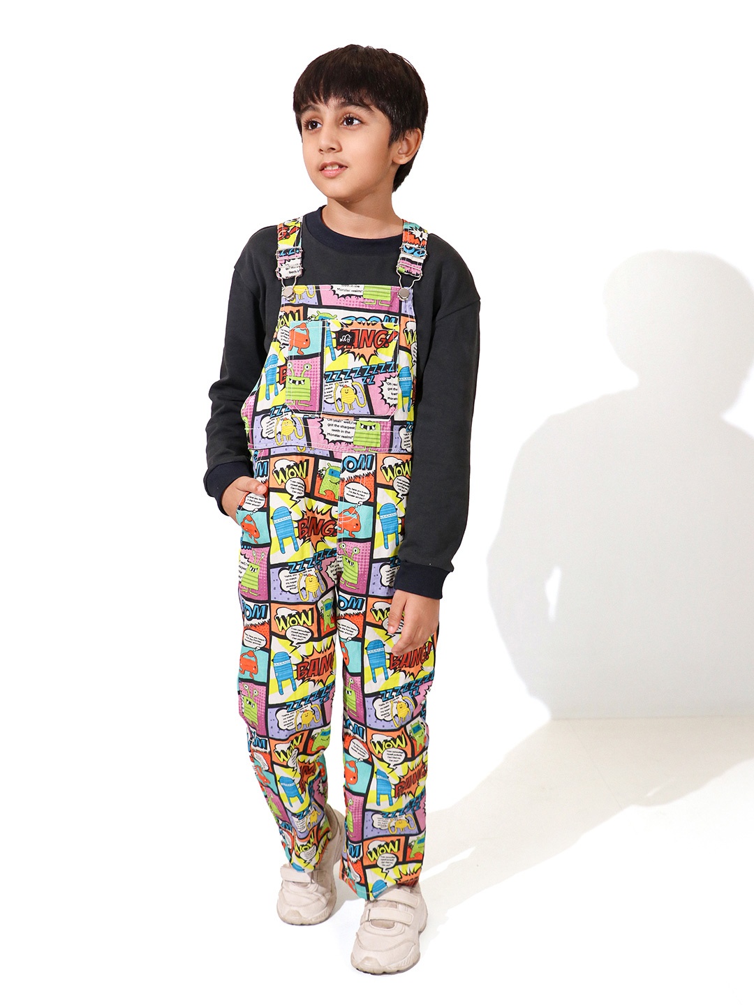 

Whistle & Hops Kids Typography Printed Pure Cotton Dungaree, White