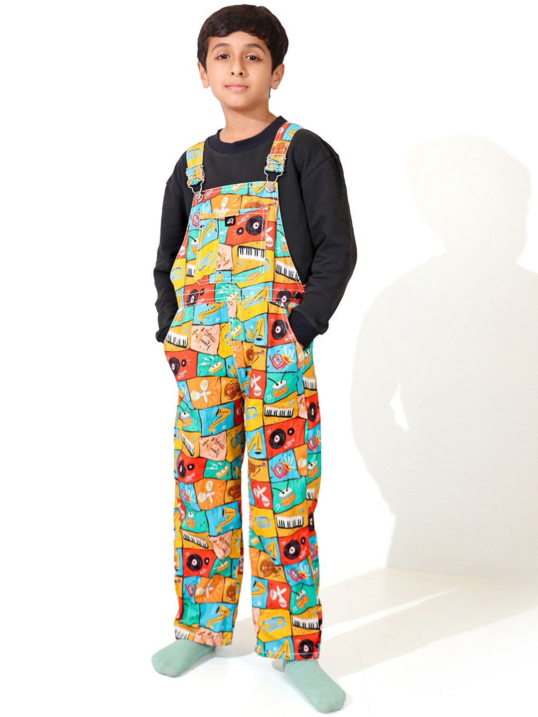 

Whistle & Hops Boys Graphic Printed Cotton Dungaree, Yellow