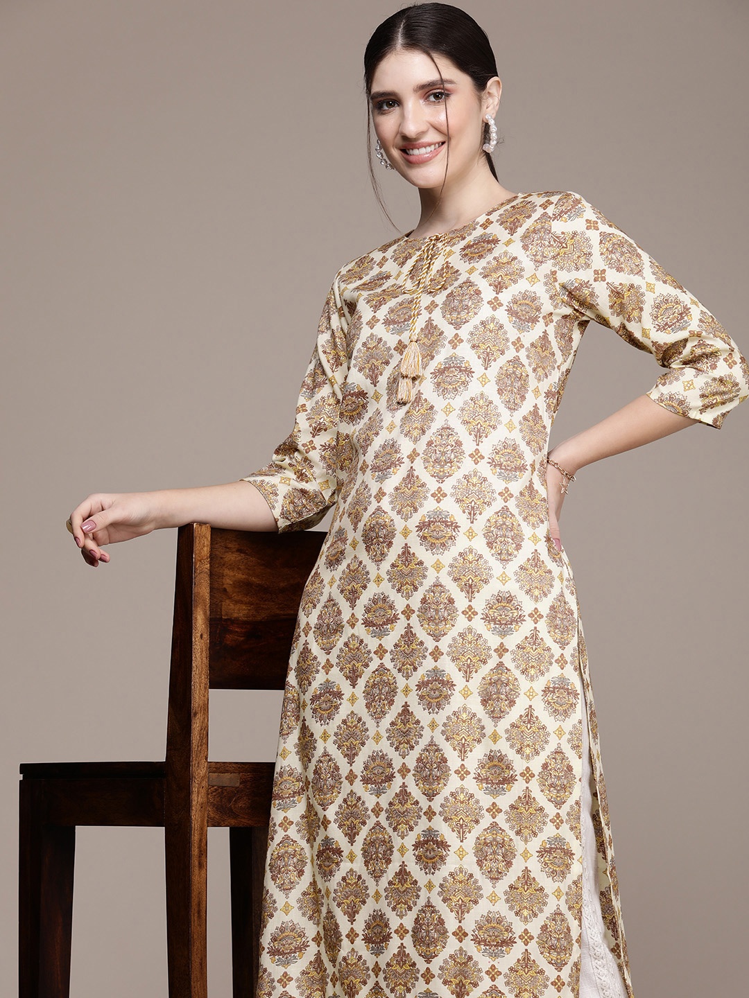 

Anouk Women Ethnic Motifs Printed Straight Kurta, Cream