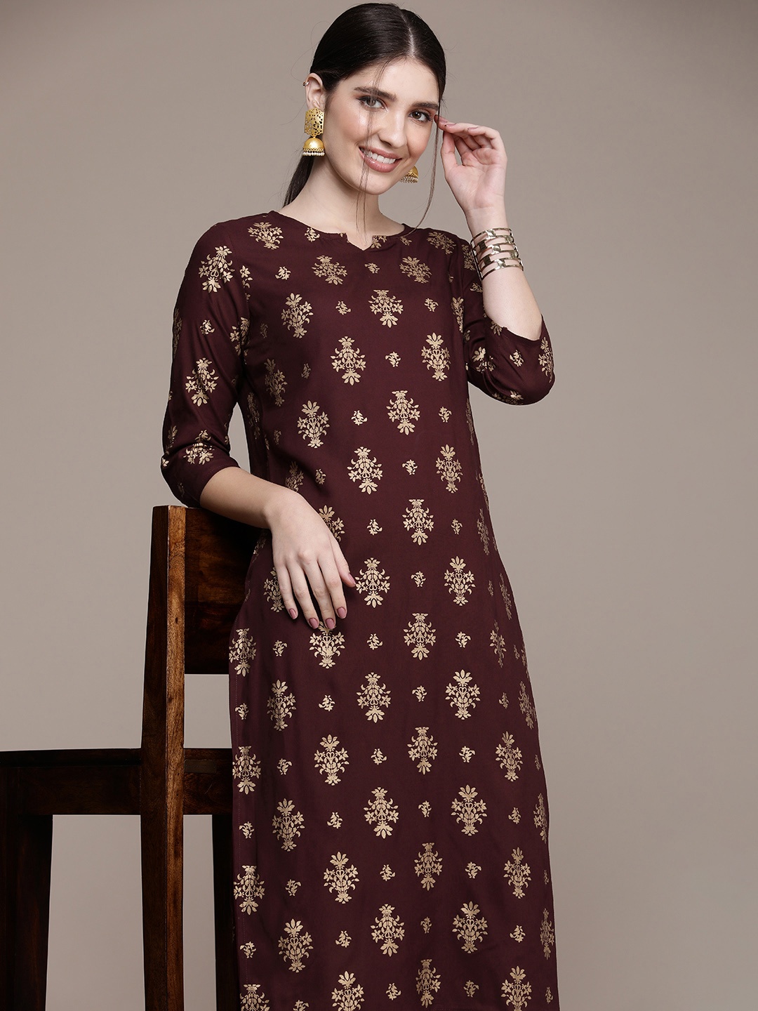 

Anouk Women Ethnic Motifs Printed Straight Kurta, Burgundy