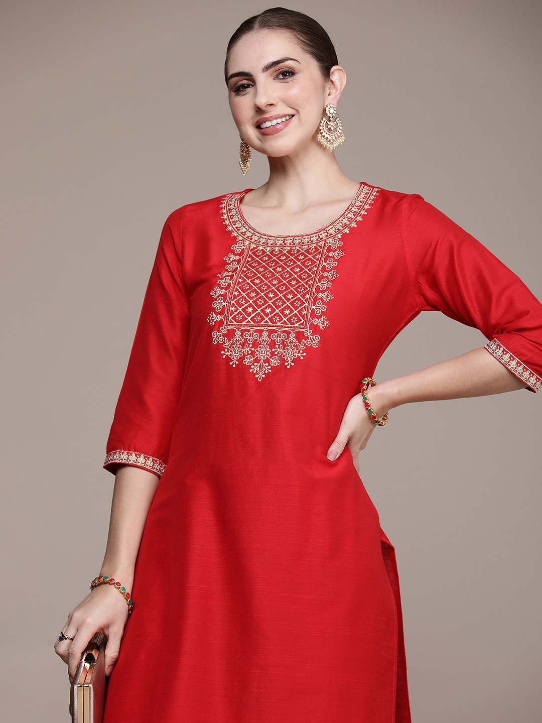 

Anouk Women Ethnic Motifs Embroidered Regular Thread Work Kurta with Trousers, Red