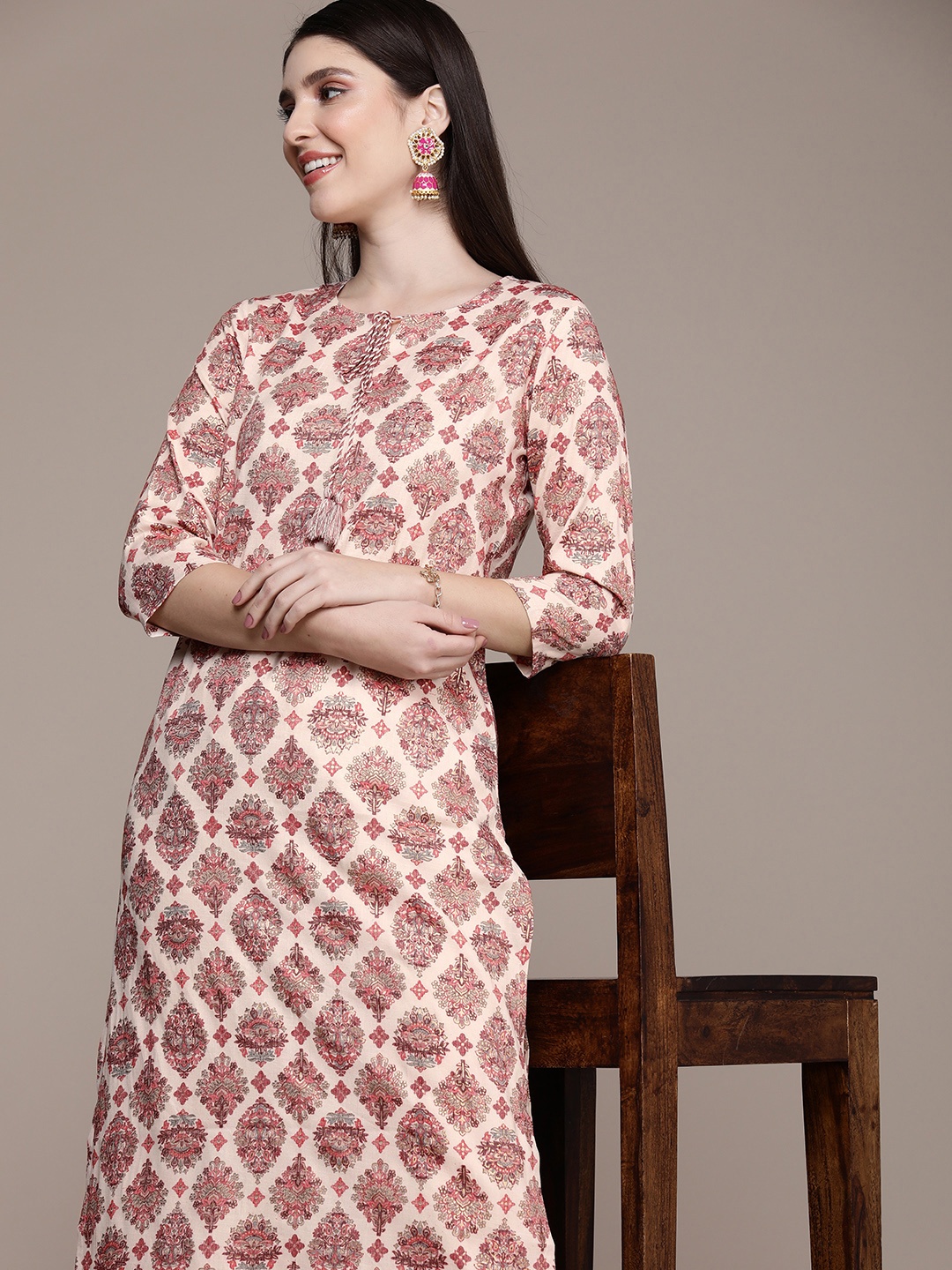 

Anouk Women Ethnic Motifs Printed Straight Kurta, Cream