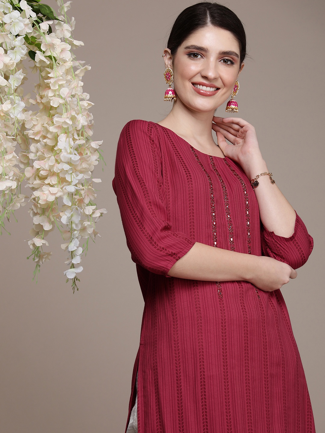 

Anouk Women Yoke Design Mirror Work Kurta, Maroon