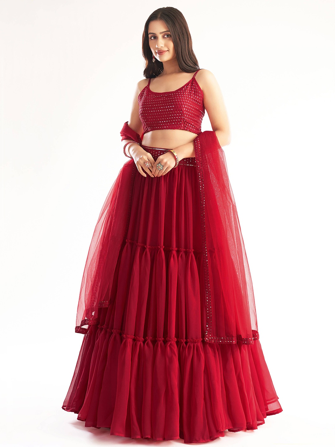 

FABPIXEL Embroidered Sequinned Semi-Stitched Lehenga & Unstitched Blouse With Dupatta, Red