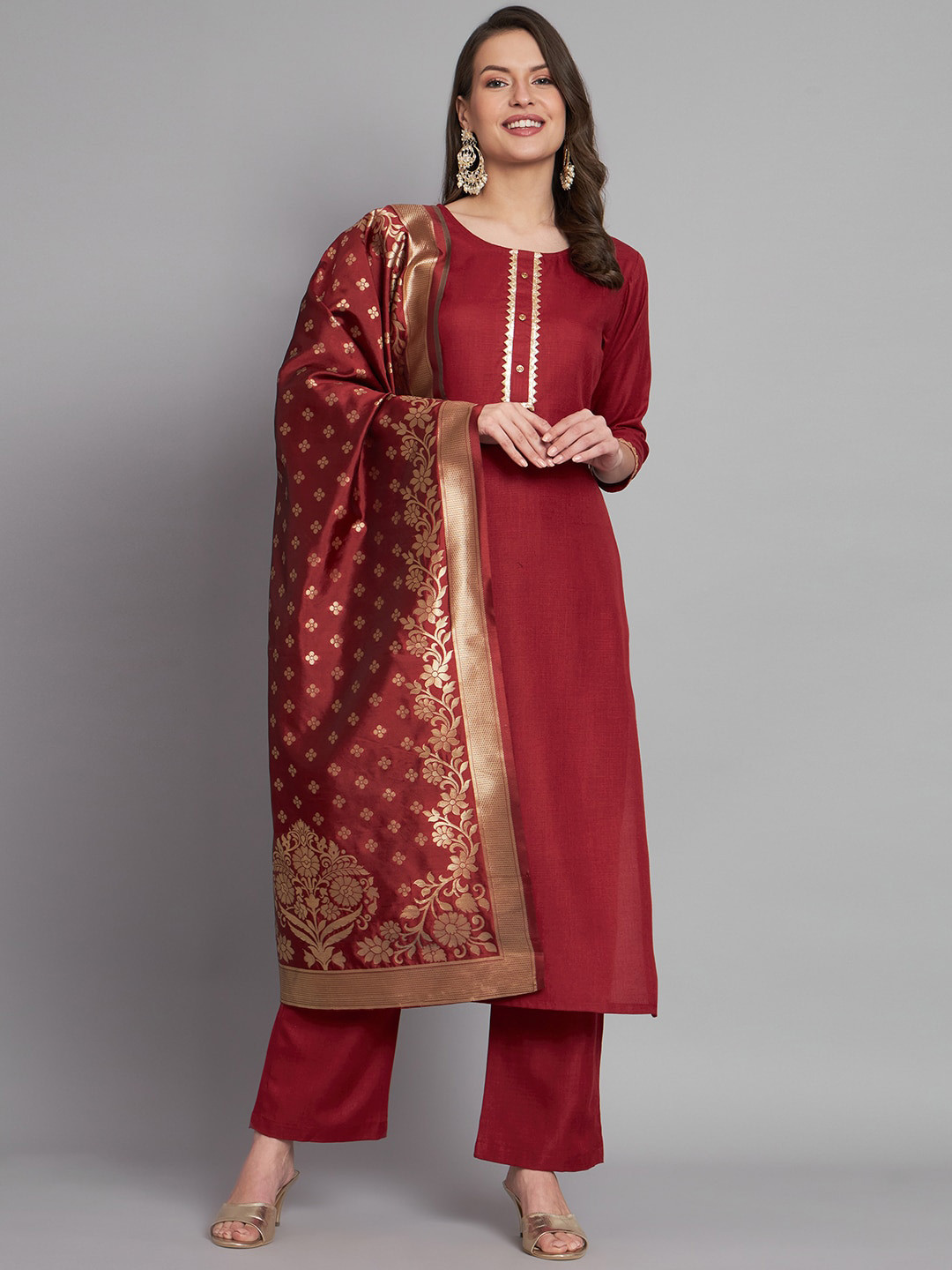 

BLACK SCISSOR Gotta Patti Pure Cotton Jacquard Straight Kurta With Trousers & Dupatta, Maroon