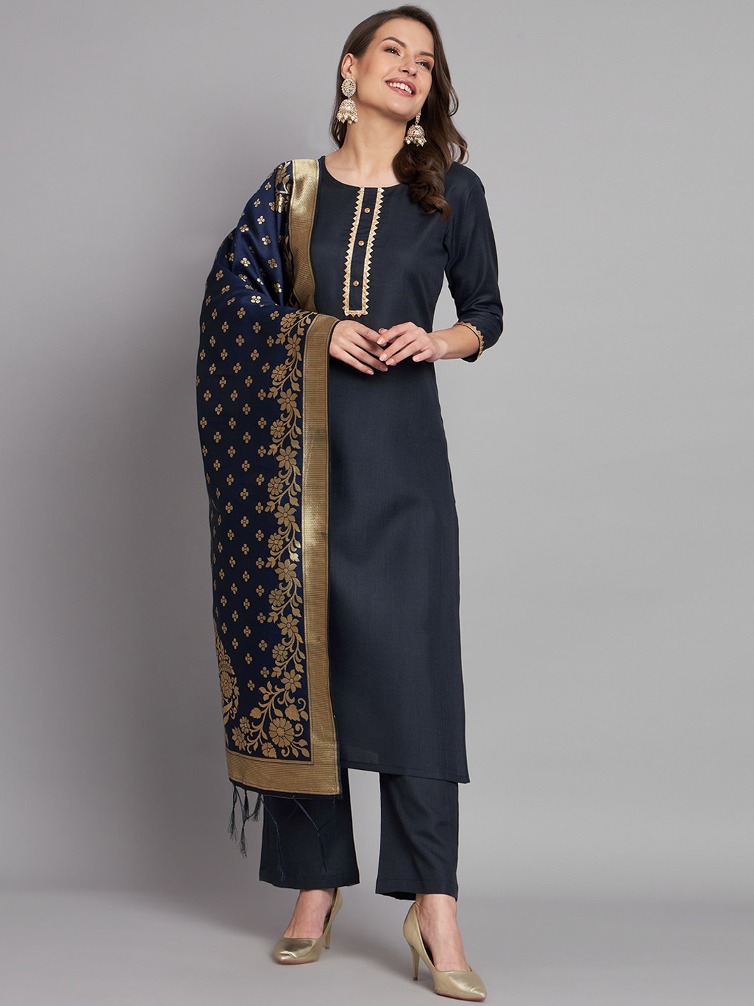 

BLACK SCISSOR Gotta Patti Pure Cotton Jacquard Straight Kurta With Trousers & Dupatta, Navy blue