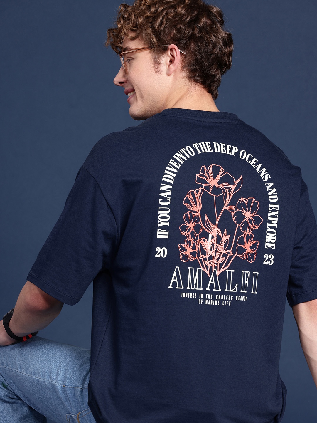 Mast & Harbour Pure Cotton Relaxed Fit Graphic Printed Drop-Shoulder Sleeves T-shirt, Navy blue