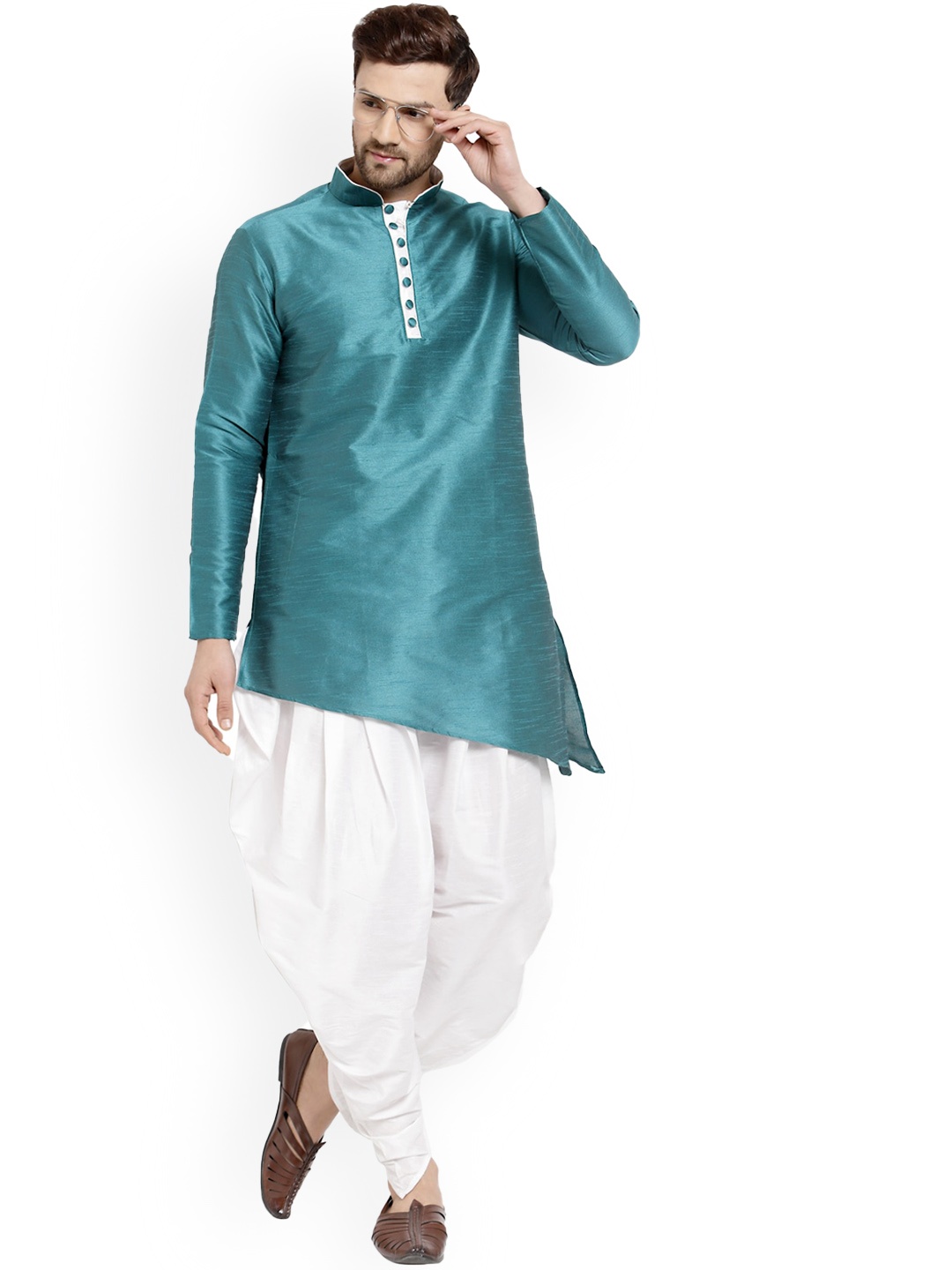 

Sydney Heights Mandarin Collar Long Sleeves Asymmetric Hem Kurta with Salwar, Green