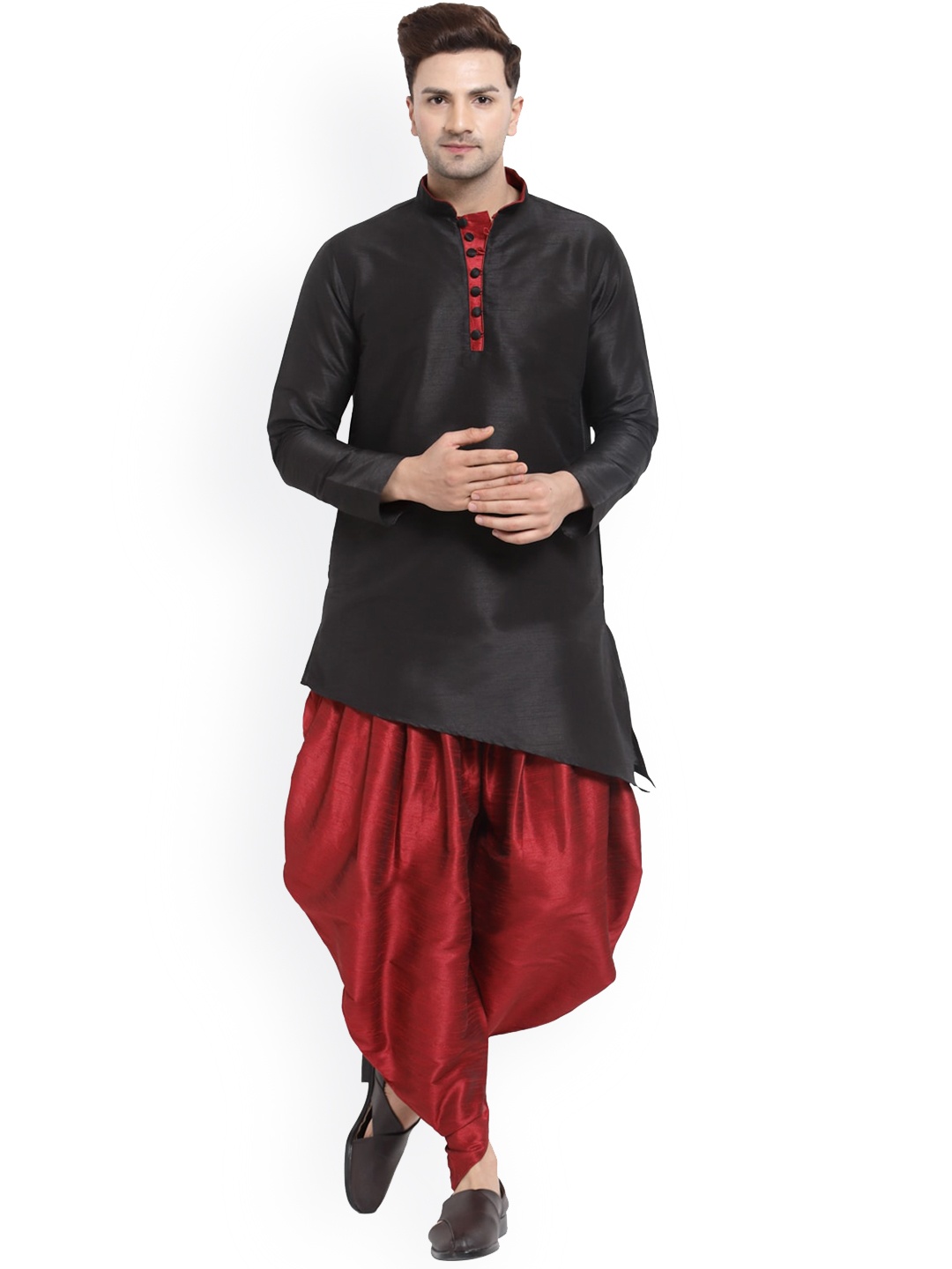 

Sydney Heights Mandarin Collar Asymmetric Hemline Kurta with Dhoti Pant, Black