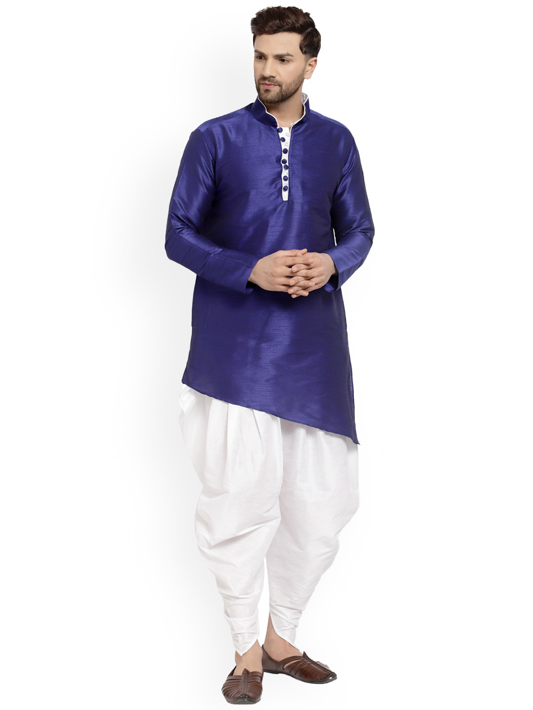 

Sydney Heights Mandarin Collar Long Sleeves Asymmetric Hem Kurta with Salwar, Blue