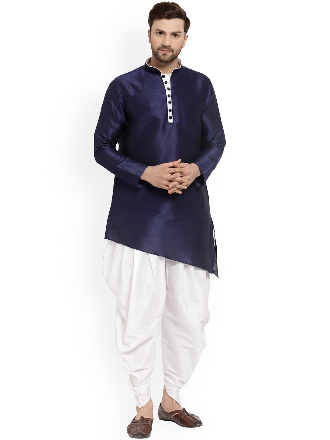 

Sydney Heights Mandarin Collar Asymmetric Hemline Kurta with Dhoti Pant, Navy blue