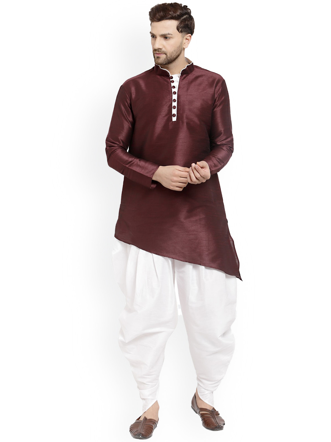 

Sydney Heights Mandarin Collar Long Sleeves Asymmetric Hem Kurta with Salwar, Purple