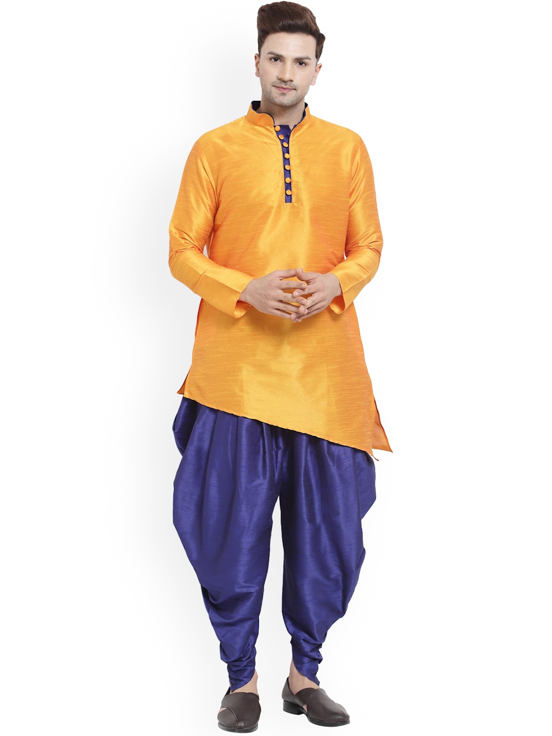 

Sydney Heights Mandarin Collar Long Sleeves Asymmetric Hem Kurta with Salwar, Yellow