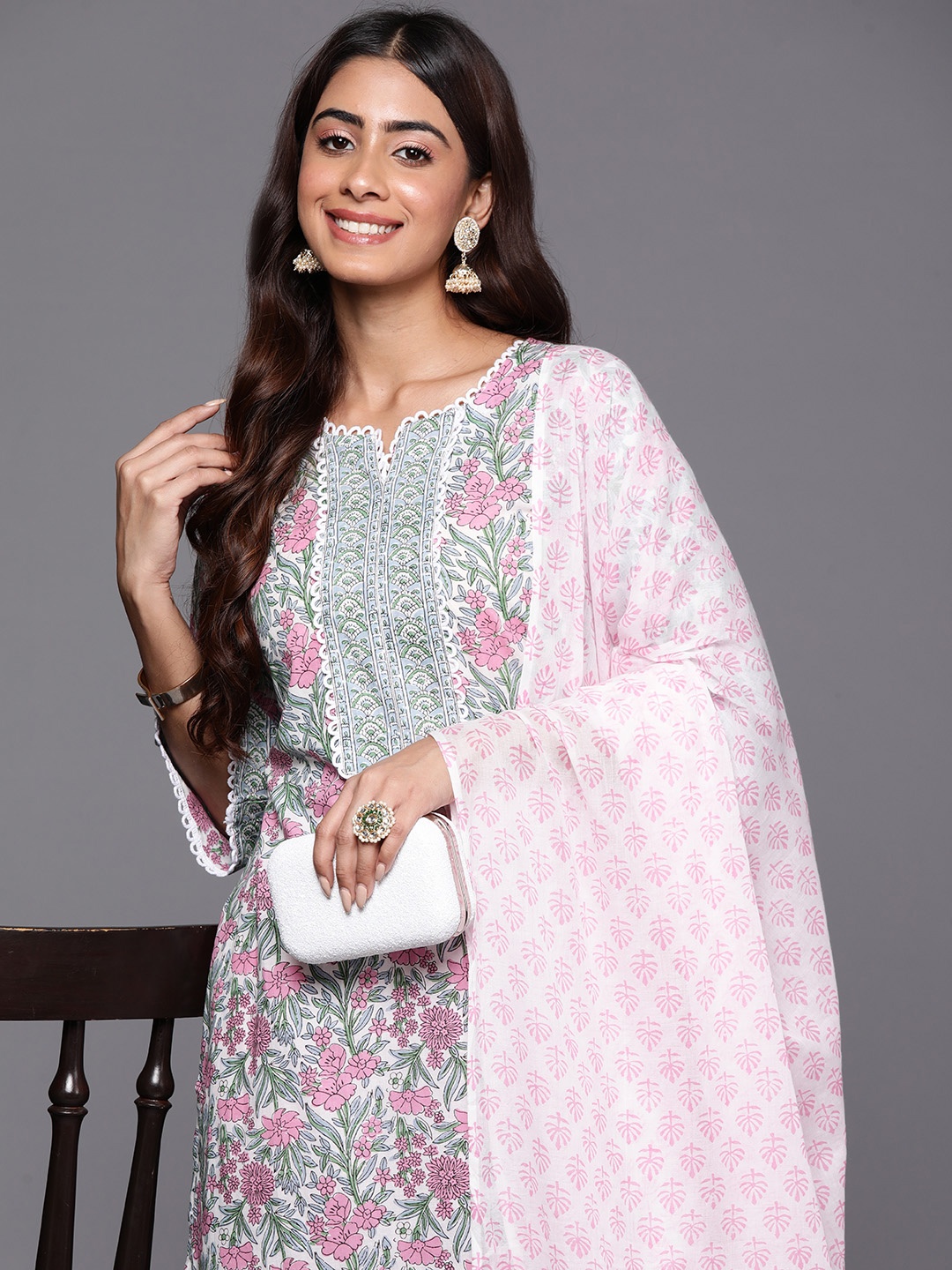 

Libas Floral Printed Regular Pure Cotton Kurta with Palazzos & Dupatta, Pink