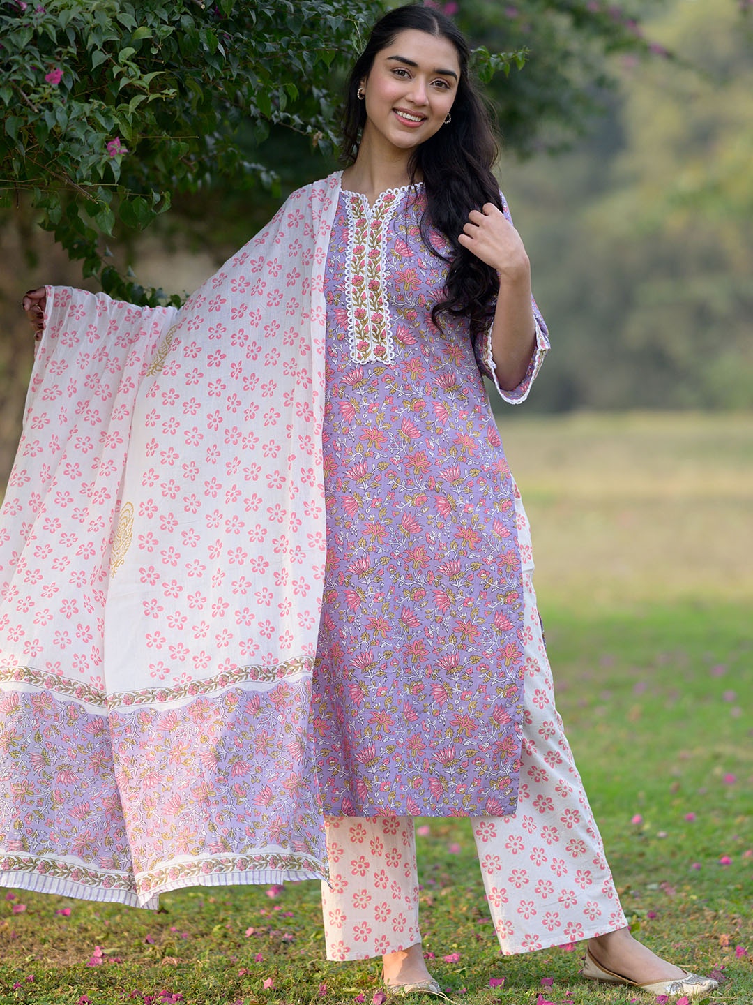 

Libas Floral Printed Regular Pure Cotton Kurta with Palazzos & Dupatta, Purple