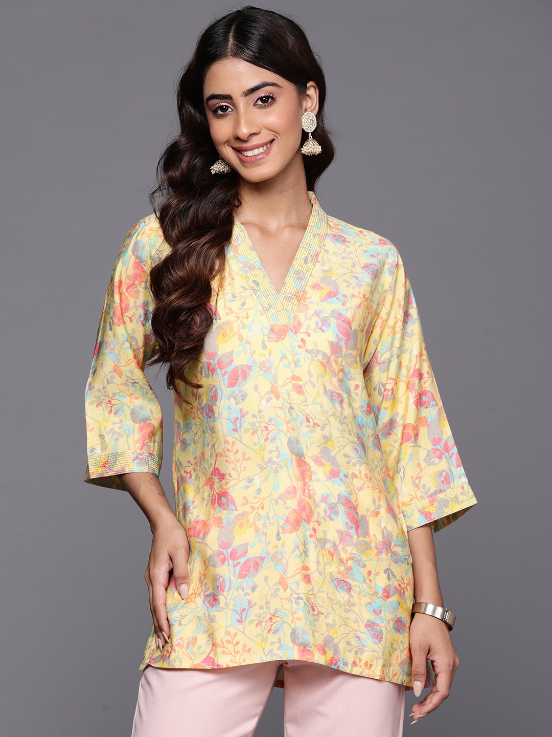 

Libas Floral Printed Flared Sleeves Zari Kurti, Yellow