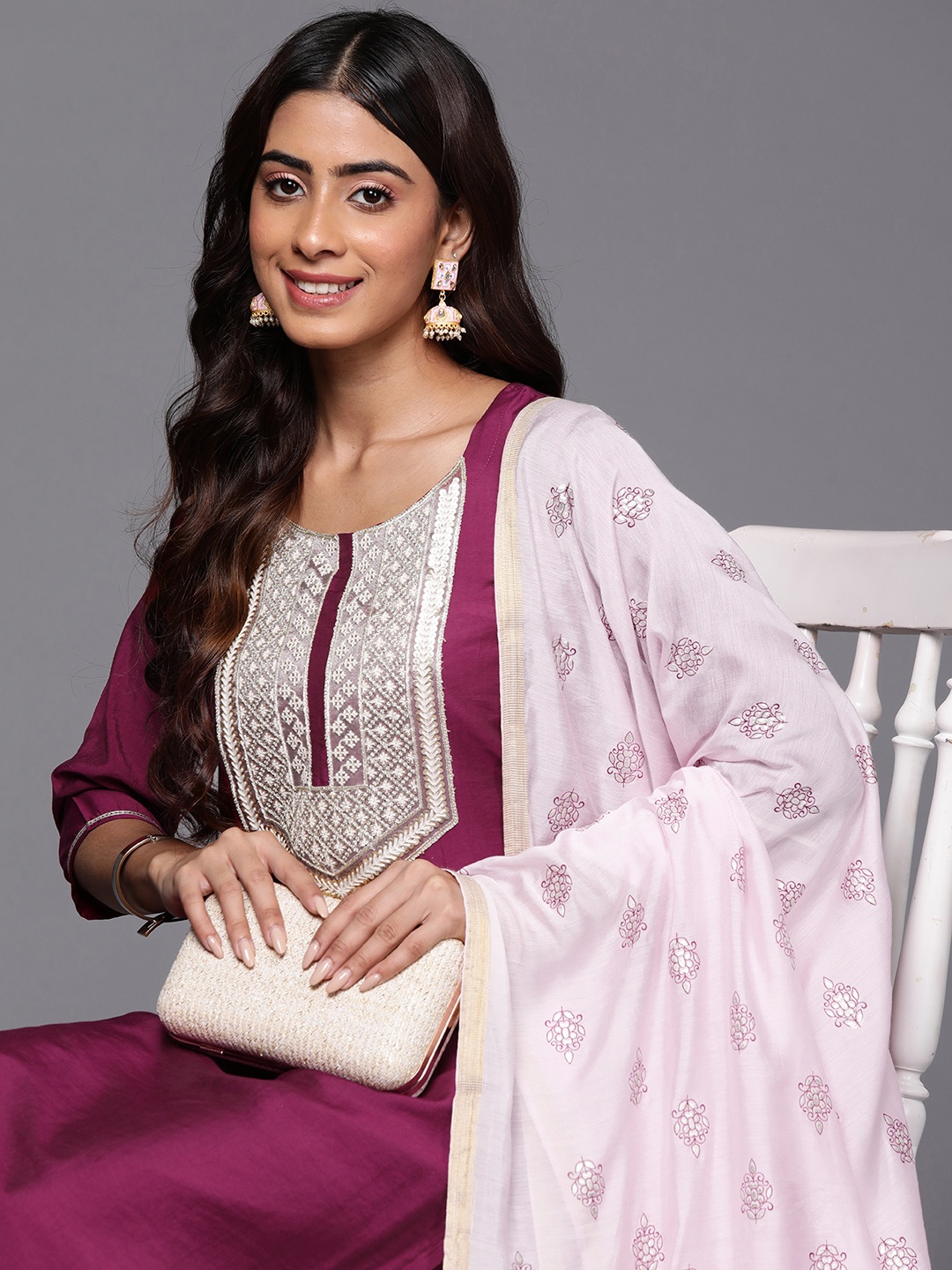 

Libas Yoke Design Regular Sequinned Kurta with Trousers & Dupatta, Burgundy