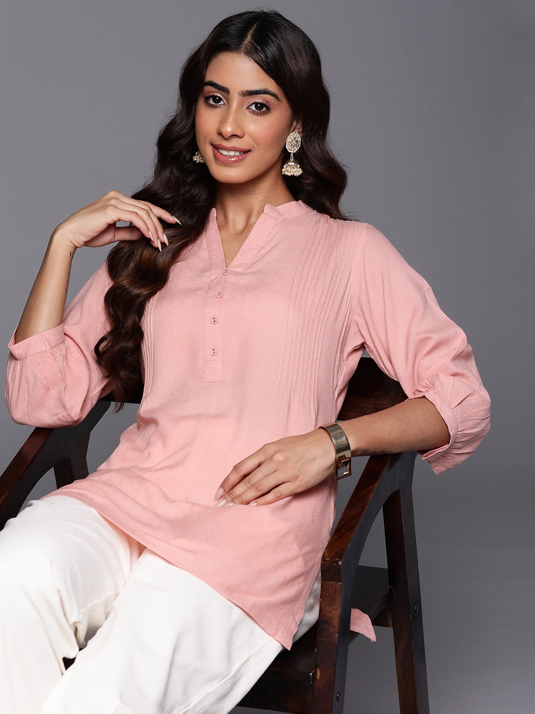 

Libas Mandarin Collar Puff Sleeves Kurti, Peach