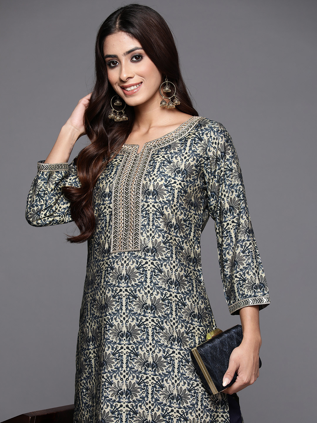 

Libas Women Floral Printed Mirror Work Kurta, Blue