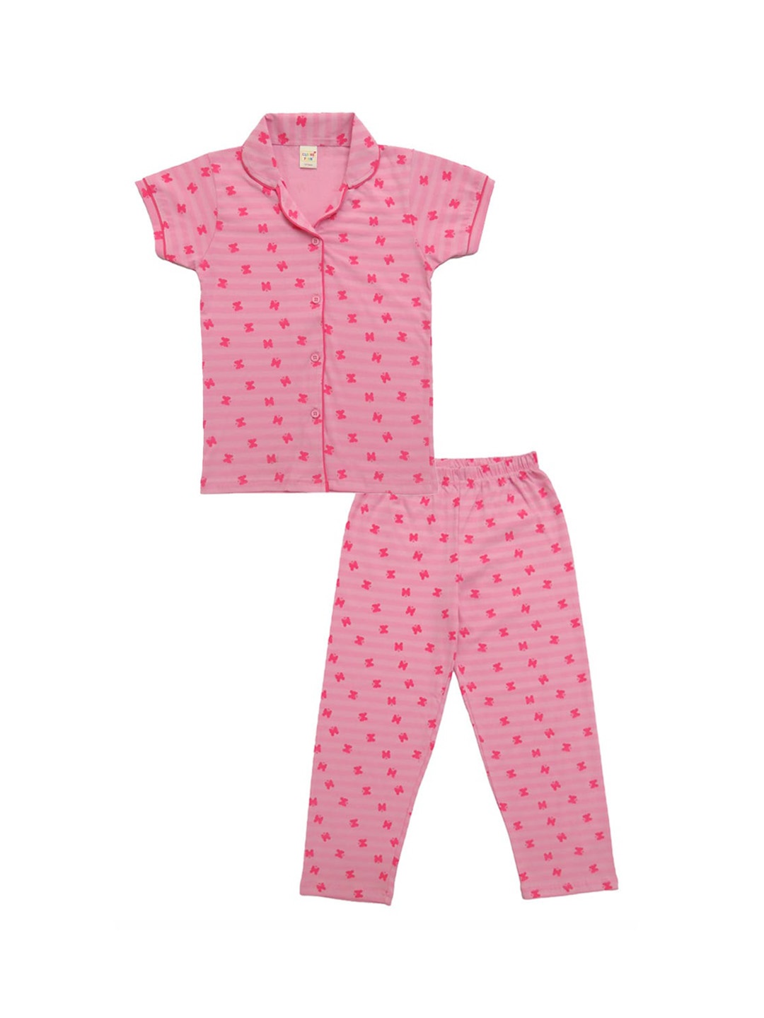 

Clothe Funn Girls Conversational Printed Lapel Collar Pure Cotton Night Suit, Pink