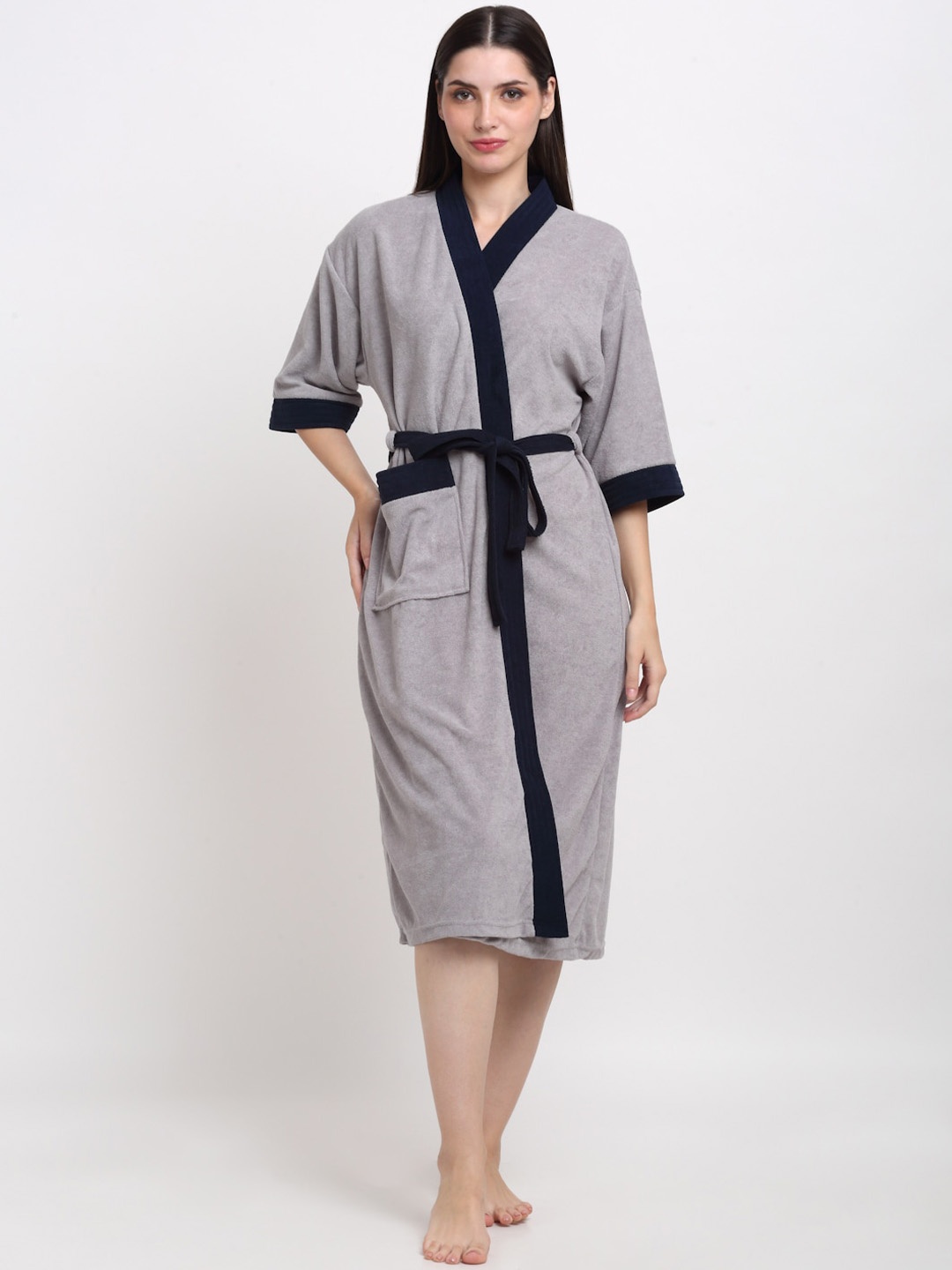 

Creeva Everyday Collection Tie-Up Front Pocket Terry Bath Robe, Grey