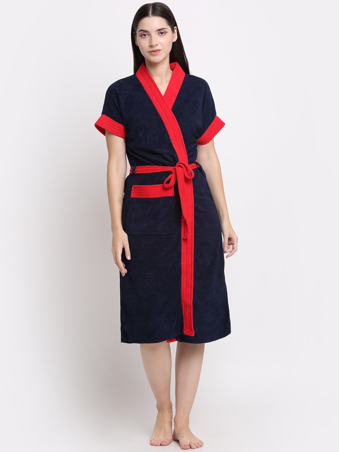 

Creeva Everyday Collection Tie-Up Front Pocket Terry Bath Robe, Navy blue