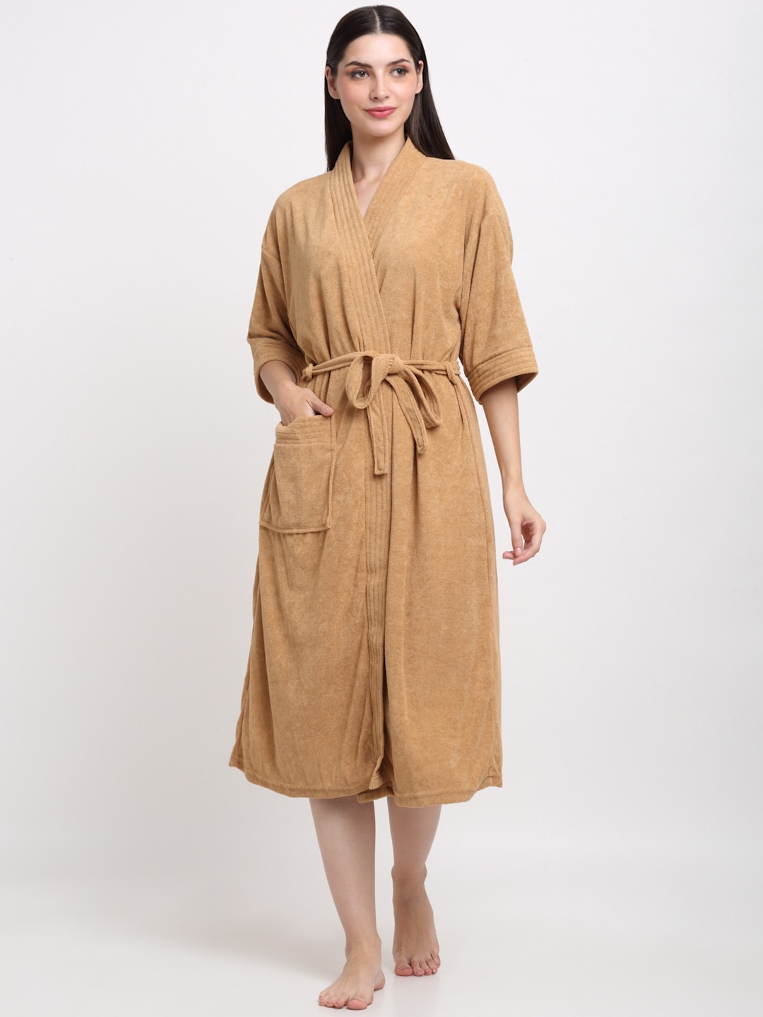 

Creeva Everyday Collection Tie-Up Front Pocket Terry Bath Robe, Camel brown