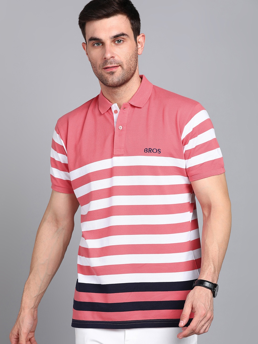 

3BROS Striped Polo Collar Cotton Slim Fit T-shirt, Peach