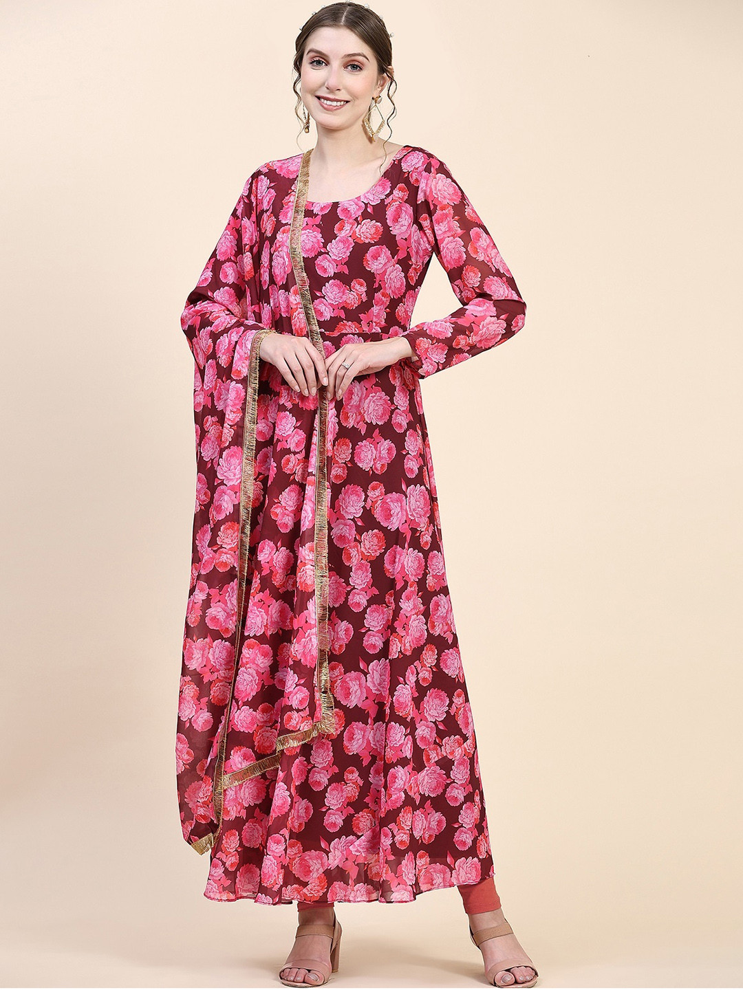 

BLACK SCISSOR Floral Printed Georgette Maxi Gown Ethnic Dress With Dupatta, Pink