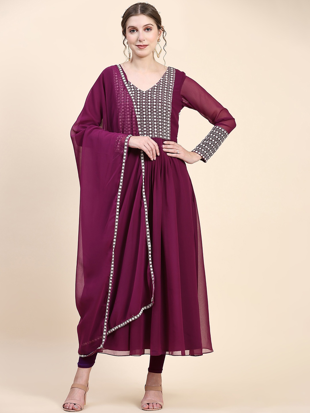 

BLACK SCISSOR Ethnic Motifs Chikankari Embroidered Georgette Kurta With Dupatta, Burgundy